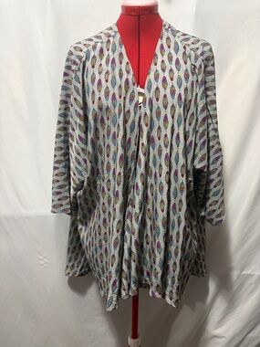 LuLaRoe Gray Cardigan with Pink, Blue, Yellow Feather Print